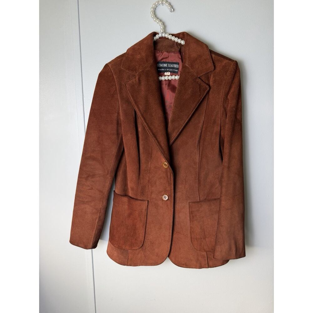 VTG 1970s Suede Button Blazer 5/6 Small 32” Bust Argentina Burnt Cognac - Picture 2 of 15